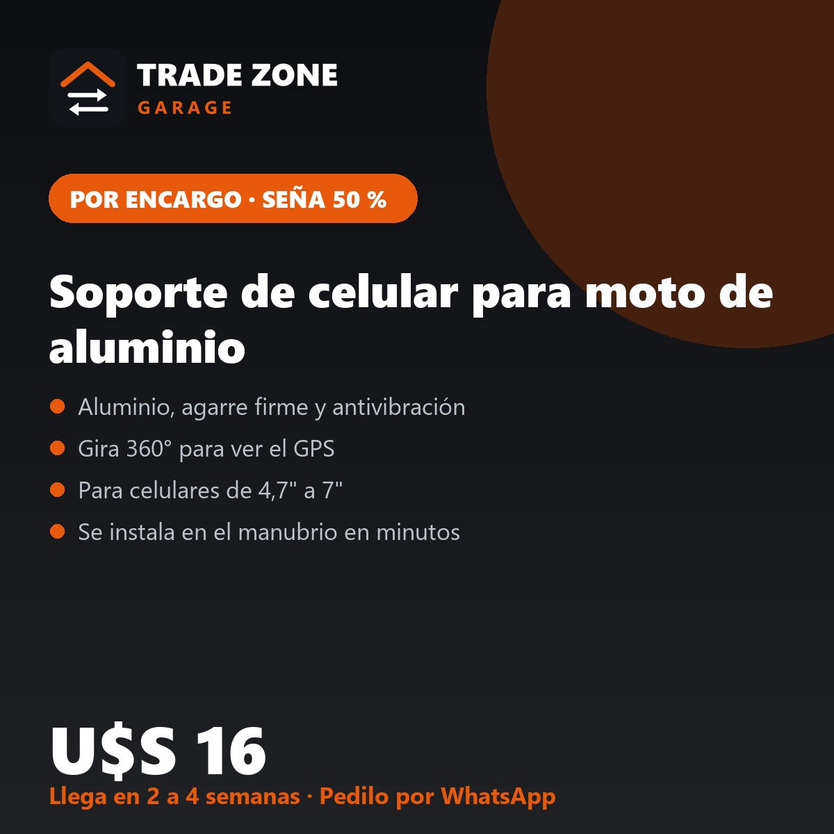 Soporte de celular para moto de aluminio